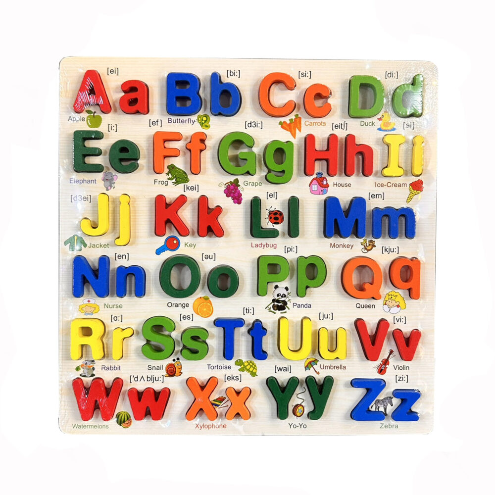 Colorful 3D Wooden English Alphabets Capital Letter (ABCD) And Small Letter (abcd) Blocks Board with Picture, Early Learning & Teaching Toy for Baby & Toddlers