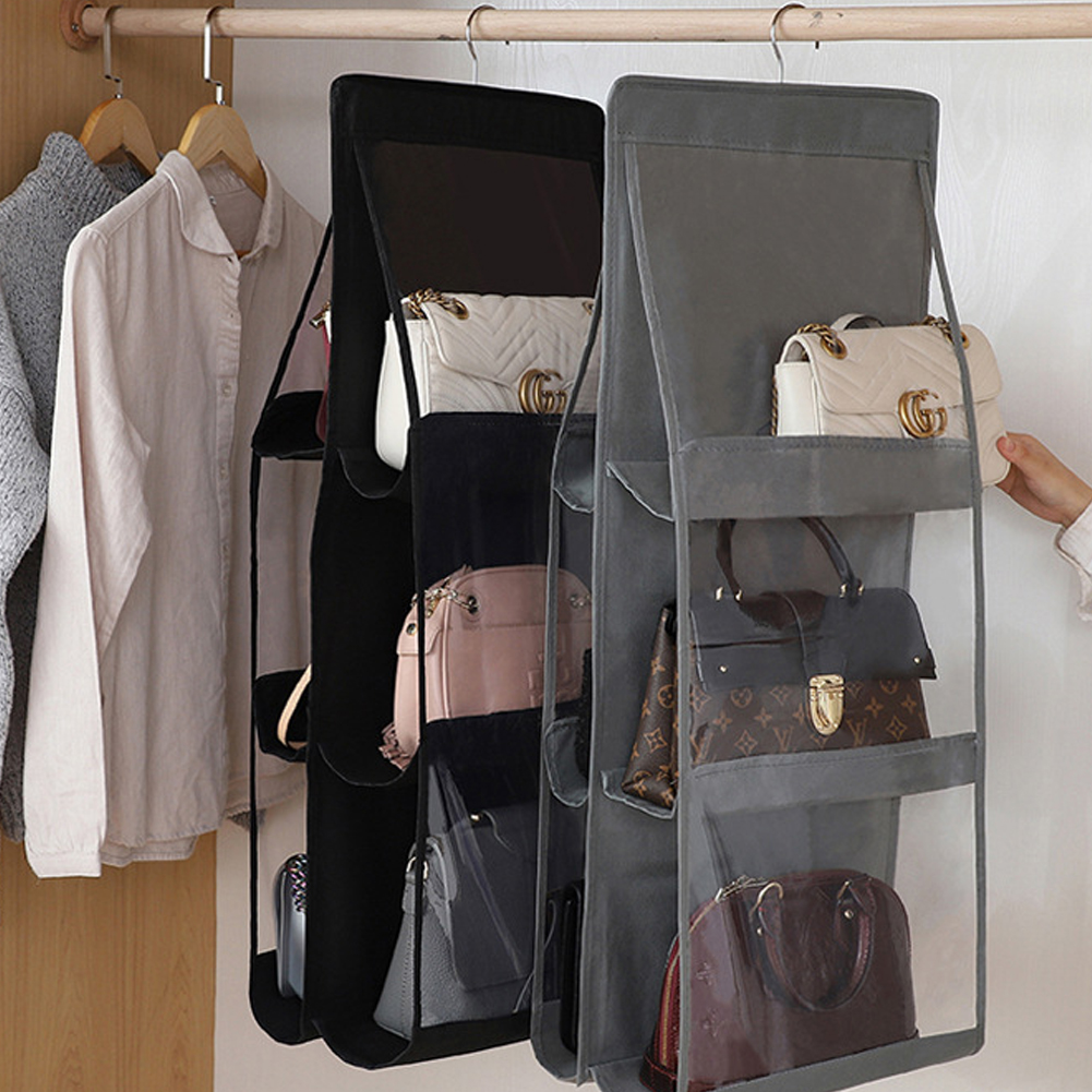 Clear Purse Bag Storage Holder Wardrobe Closet Space Saving 6 Pockets Pouch Hanging Hand Bags Organizer