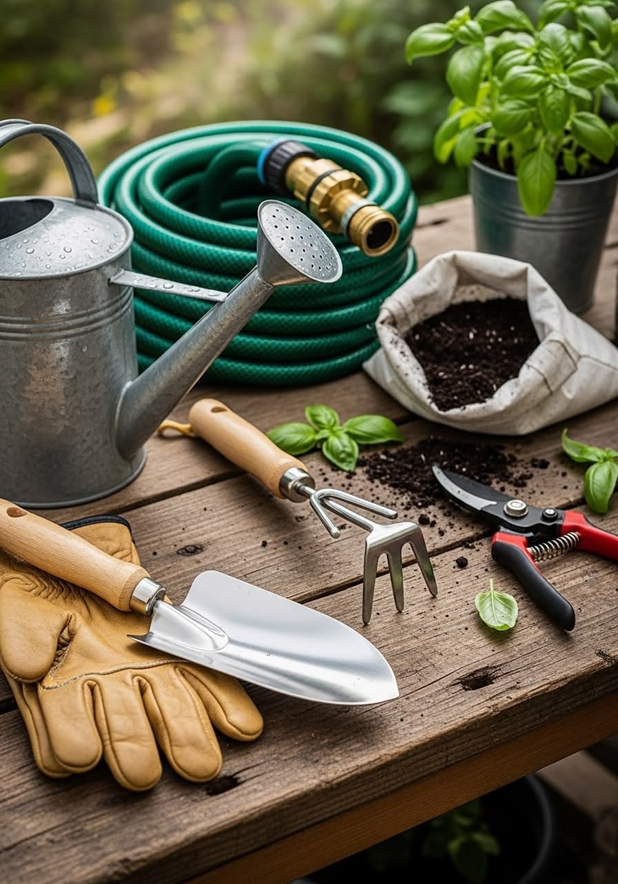 A collection of garden tools including a trowel, pruner, and gardening gloves is displayed alongside freshly harvested vegetables like carrots and onions. A green garden hose is coiled in the background among some green foliage, indicating an outdoor garden setting.
