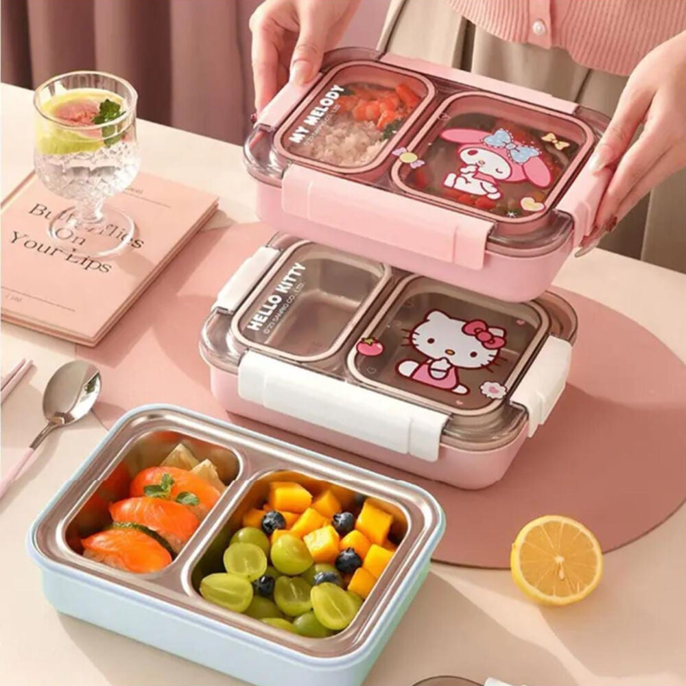 Two Compartments Eat Healthy Lunch Box Stainless Steel Tiffin Box with Leakproof Lid and Salad Spoon